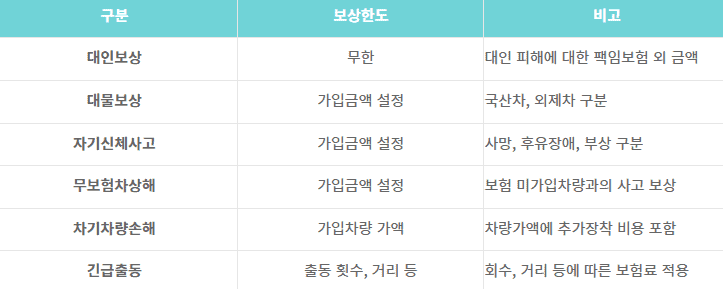 종합보험의 보장 항목과 한도 안내